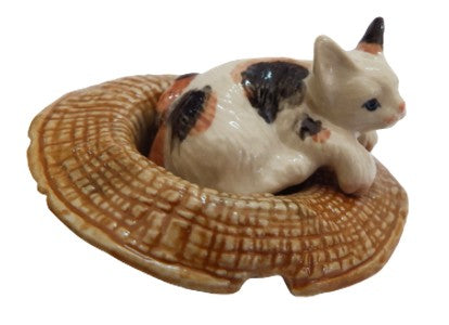 small   cat brown hat  ceramic Miniature porcelain figurine
