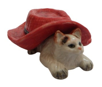 Small Cat red Hat ceramic miniature Animal Figurine