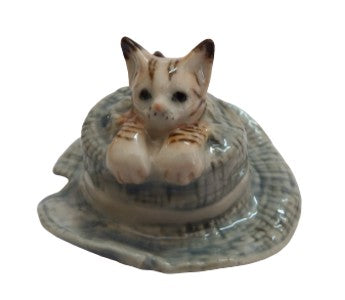 small cat Green hat ceramic Miniature porcelain figurine